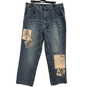 Sean John Mens Relaxed Wide Leg Patchwork Graphic Denim Jeans Blue Size 36x28.5